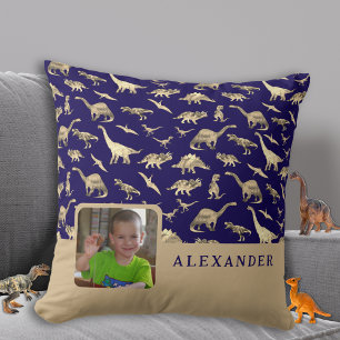 Cojín Decorativo Nombre de foto de dinosaurio personalizado azul