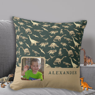 Cojín Decorativo Nombre de Foto de Dinosaurio Personalizado Verde