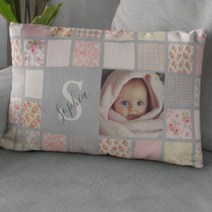 Cojín Decorativo Nombre de foto personalizada Monograma Parche Rosa