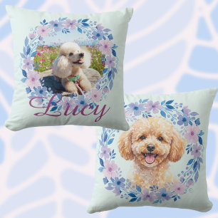 Cojín Decorativo Nombre de foto personalizada Poodle Corona floral 