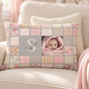 Cojín Decorativo Nombre de Foto Personalizado Monograma Parche Rosa