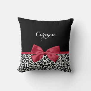 Cojín Decorativo Nombre de lazo rojo de leopardo