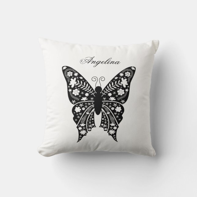 Cojín Decorativo Nombre de mariposa moderna en blanco y negro (Anverso)