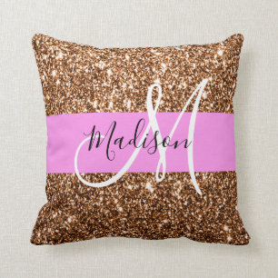 Cojín Decorativo Nombre de monograma con brillo rosa y bronce Glam