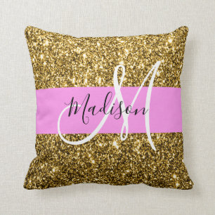 Cojín Decorativo Nombre de monograma con brillo rosa y dorado Glam