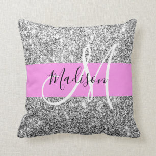 Cojín Decorativo Nombre de monograma con brillo rosa y plata Glam