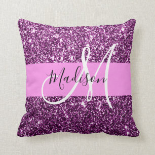 Cojín Decorativo Nombre de monograma con brillo rosa y púrpura Glam