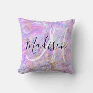 Cojín Decorativo Nombre de monograma de mármol rosa lavanda moderno