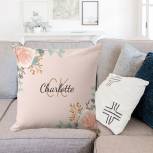 Cojín Decorativo nombre de monograma de vegetación floral rosa de c