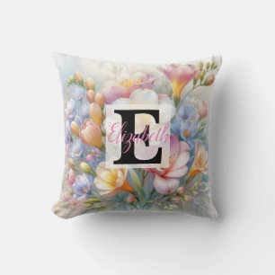 Cojín Decorativo Nombre de monograma en acuarela Flores en pasteles