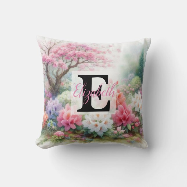 Cojín Decorativo Nombre de monograma en acuarela Flores en pasteles (Anverso)