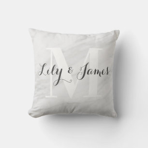 Cojín Decorativo Nombre de monograma Mármol Gris Blanco Recuerdo de
