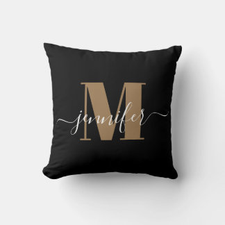 Cojín Decorativo Nombre de Monograma moderno elegante en negro y or