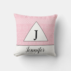 Cojín Decorativo Nombre de monograma Patrón geométrico rosa blanco