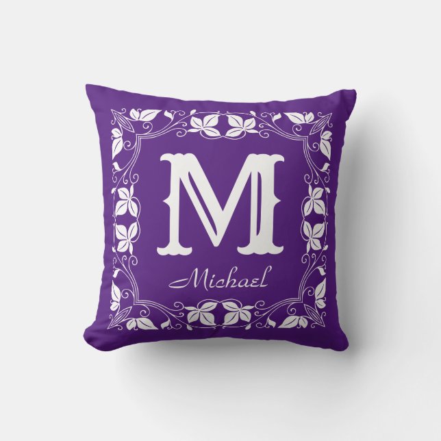 Cojín Decorativo Nombre de monograma personalizado clásico de flora (Anverso)