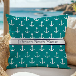 Cojín Decorativo Nombre de patrón de ancla azul teal náutico blanco