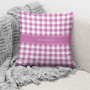 Cojín Decorativo Nombre de patrón de gingham rosa y blanco rústico
