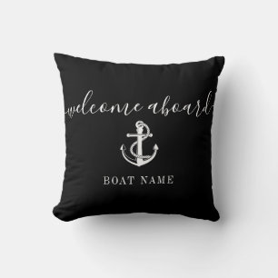 Cojín Decorativo Nombre del barco Ancla Bienvenido a bordo Negro y