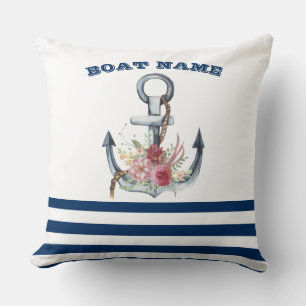 Cojín Decorativo Nombre del barco, flores de ancla azul marino raya