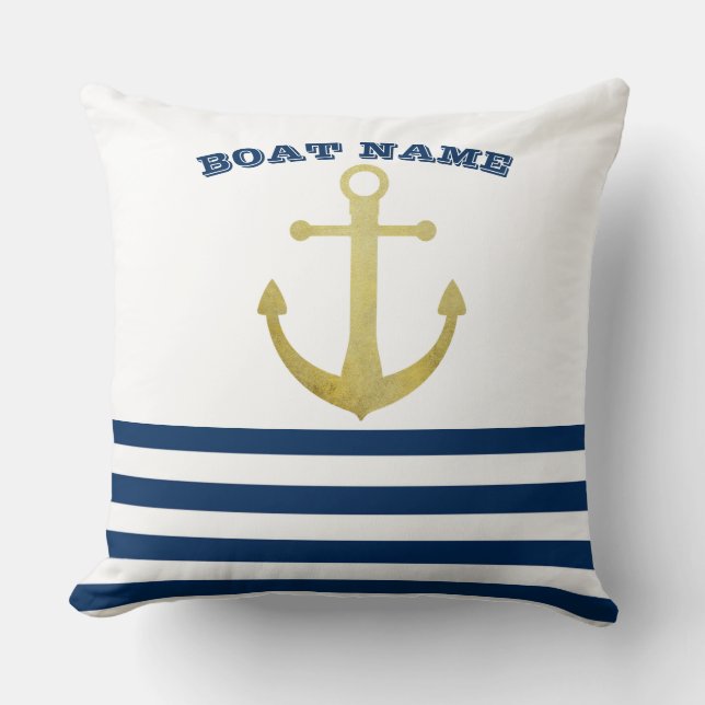 Cojín Decorativo Nombre del barco náutico, franjas azules de la mar (Anverso)