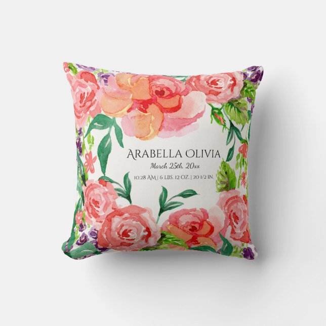 Cojín Decorativo Nombre del Bebé Acuarela Moderna Rosa Rosado Calie (Anverso)