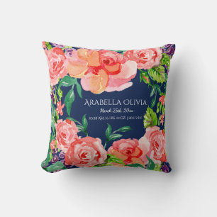 Cojín Decorativo Nombre del bebé Banda floral acuática moderna de l