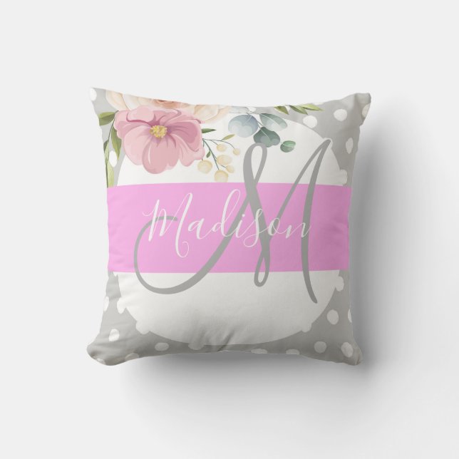 Cojín Decorativo Nombre del monograma de gris rosa rosa rosa blanco (Anverso)