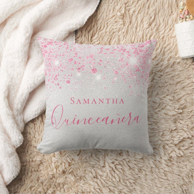 Cojín Decorativo Nombre del purpurina rosa plateado Quinceanera (Manta)