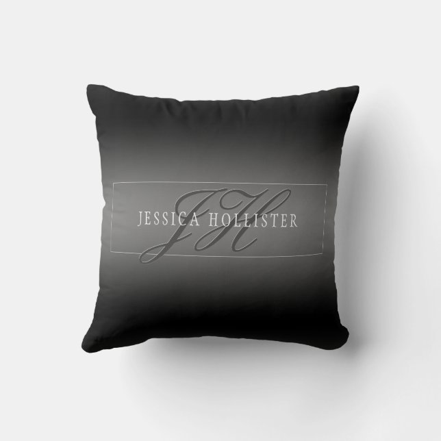 Cojín Decorativo Nombre elegante e iniciales monogramadas | Negro y (Reverso)