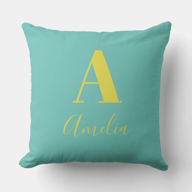 Cojín Decorativo Nombre mínimo de monograma amarillo Verde azulado (Anverso)