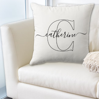 Cojín Decorativo Nombre Monograma Blanco Negro Moderno Script Minim