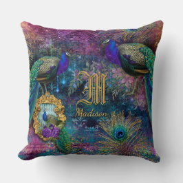 Cojín Decorativo Nombre Monograma del Purpurina de plumas de pavo r