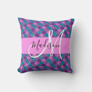 Cojín Decorativo Nombre Monograma Destellos Purpura Sirena Glamour