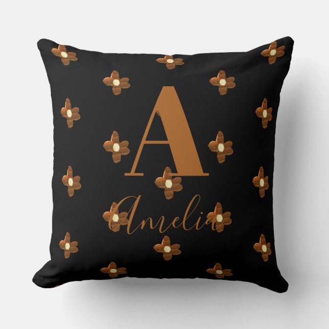Cojín Decorativo Nombre Monograma Flor Retro Negro Marrón (Anverso)