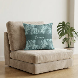 Cojín Decorativo Nombre Monograma Hoja Tropical Acuarela Boho Verde