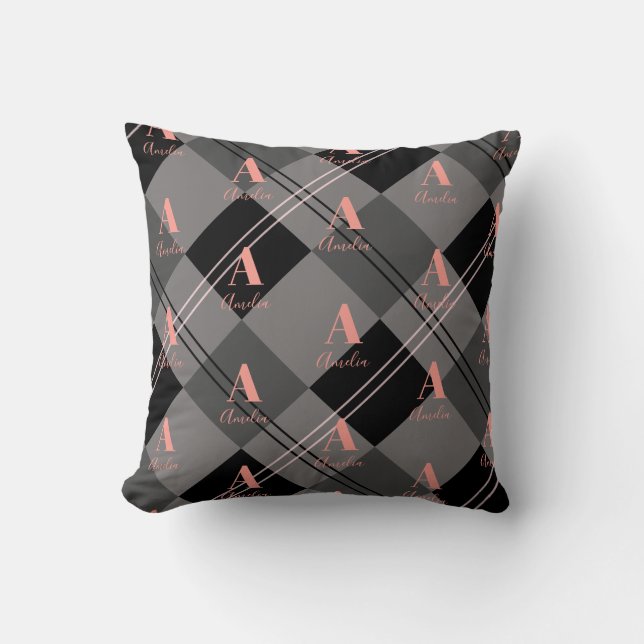 Cojín Decorativo Nombre Monograma Rojo negro gris rosado (Anverso)