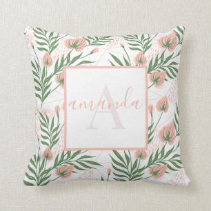Cojín Decorativo Nombre Monogramado Floral Rosa Verde Patrón Pastel