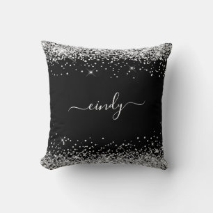 Cojín Decorativo Nombre Negro Brillo Plateado