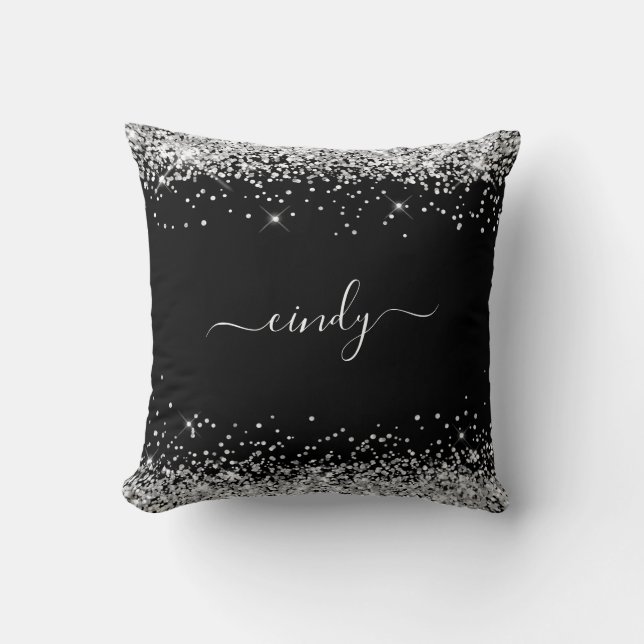 Cojín Decorativo Nombre Negro Brillo Plateado (Anverso)