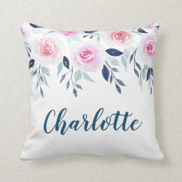 Cojín Decorativo Nombre personalizado acuarela rosada floral de los