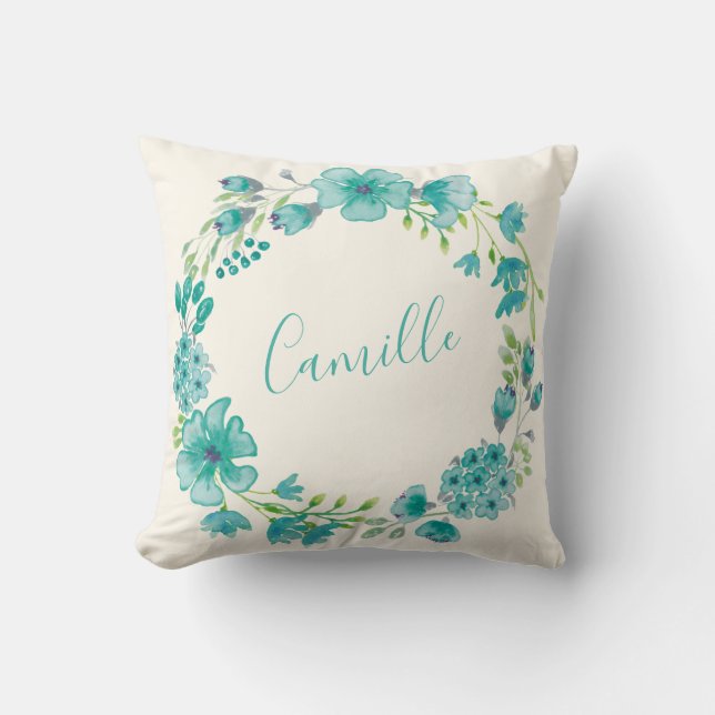 Cojín Decorativo Nombre personalizado: azul floral floral de la dec (Anverso)