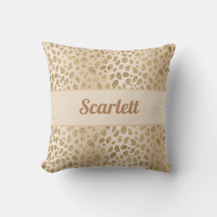 Cojín Decorativo Nombre personalizado beige y dorado estampado leop