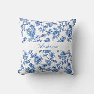 Cojín Decorativo Nombre personalizado Chinoiserie azul y blanco