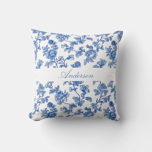 Cojín Decorativo Nombre personalizado Chinoiserie azul y blanco (Anverso)