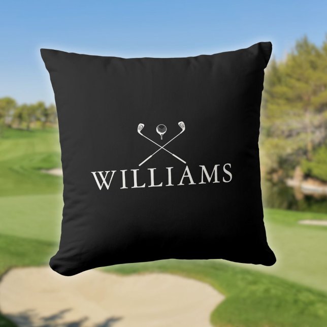Cojín Decorativo Nombre Personalizado Clubes De Golf Negro Y Blanco (Personalized Name Golf Clubs Black And White Throw Pillow)