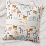 Cojín Decorativo Nombre personalizado de color de agua animal salva<br><div class="desc">Un bebé león acuarela,  jirafa,  tigre,  cebra y safari animal de elefante,  perfecto para los pequeños amantes de los animales. Arte original de Nic Squirrell. Cambie el nombre a personalizar. Hace un regalo encantador para un recién nacido.</div>