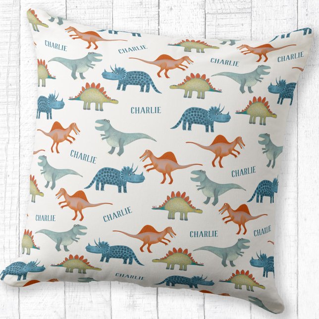 Cojín Decorativo Nombre personalizado de dinosaurio (Fun and unique personalized child's name dinosaur pillow for nursery or kid's room)