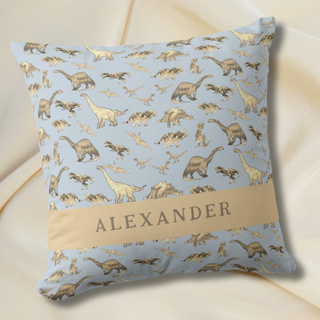 Cojín Decorativo Nombre personalizado de dinosaurio corto azul (Cute dinosaur pattern personalized name blue pillow baby Boys Jurassic dino bedroom home decor)