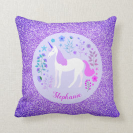 Cojín Decorativo Nombre personalizado de unicornio morado Purpurina