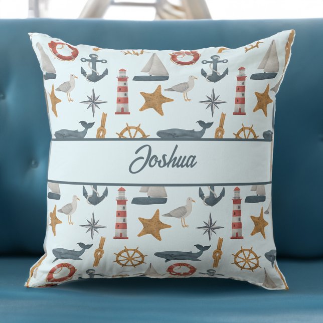 Cojín Decorativo Nombre personalizado del tema marino náutico (Personalised name collage marine nautical sailor theme throw pillow boy gifts nursery gifts)